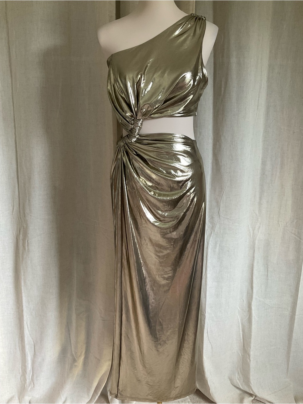 JLUXLABEL Metallic Gold One Shoulder Cutout Maxi Dress XL Ruched Glam Formal